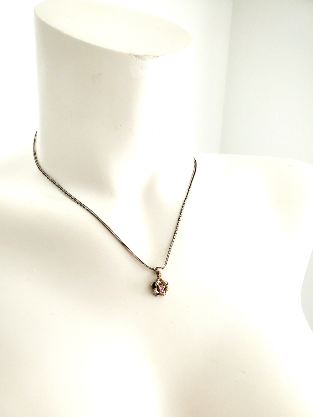 Vintage Sophia Fiori 925 Sterling Silver Pink Stone Flower Pendant Necklace